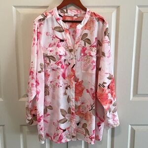 Calvin Klein White and Pink Floral Button Down Shirt